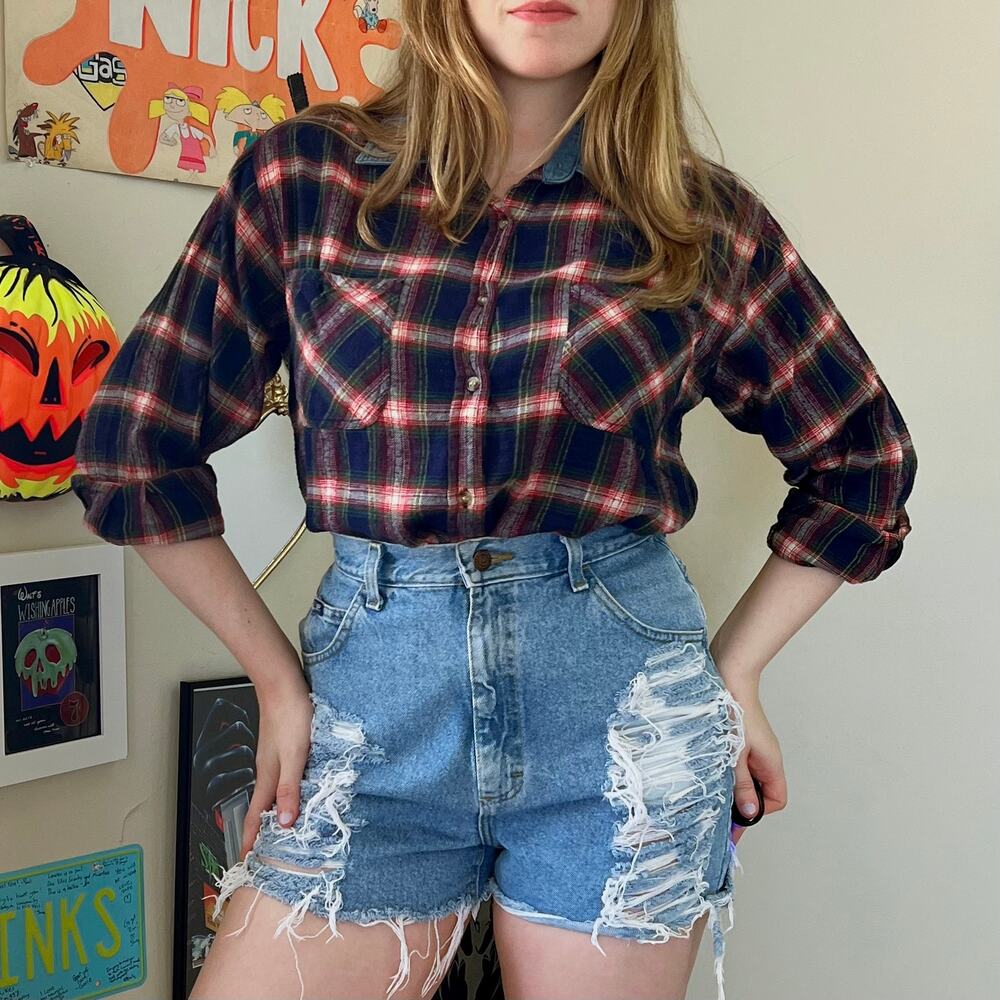 Vintage 1990s Silvercord Petite Blue Plaid Shirt Size 10P Lumberjack Americana